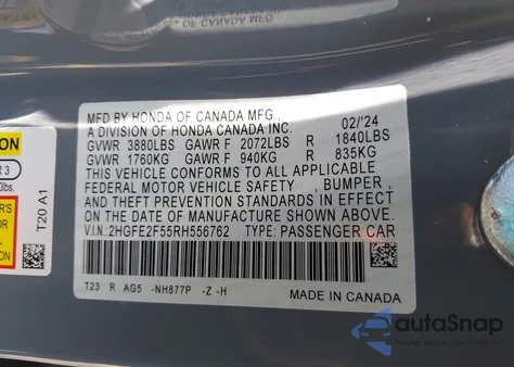 2024 Honda Civic Sport из США, поврежденный, VIN 2HGFE2F55RH556762